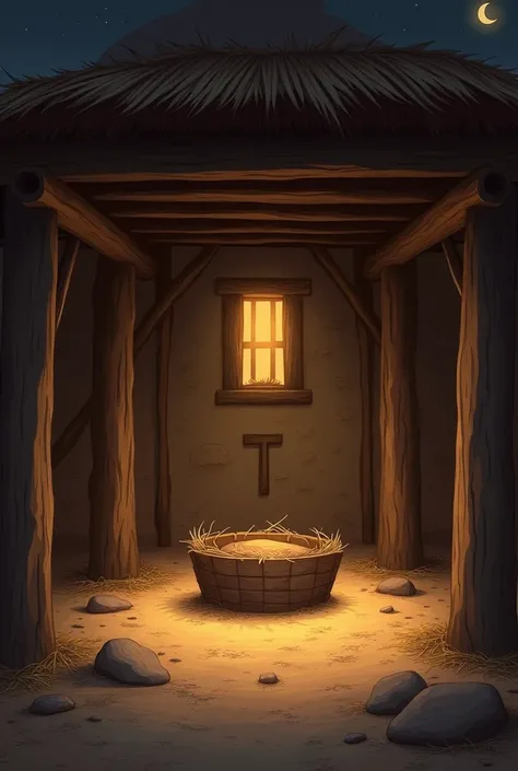 1. *Stable*: A simple building made of wood (oak or olive) and stones, with a thatched roof. 2. *Lighting*: Soft, warm light from: - A lit candle above the manger. - A dim, diffuse light, symbolizing the light of the moon. 1. *Setting*: The interior of the...