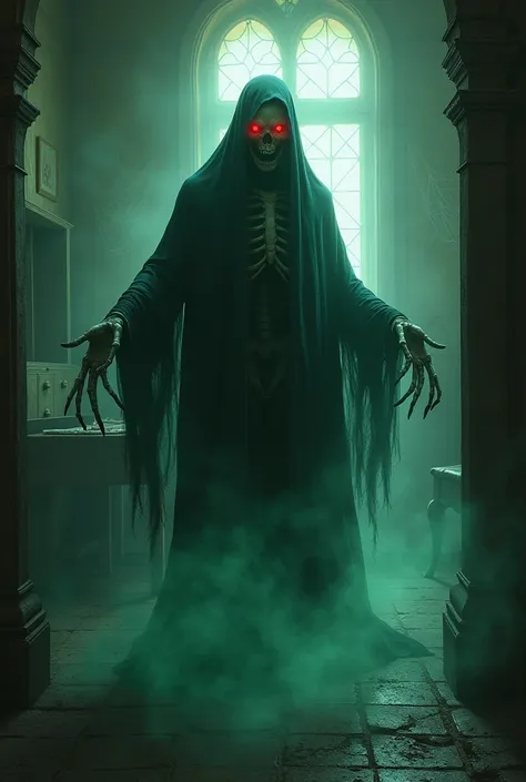 Here’s the prompt in English:

“A terrifying ghostly figure in a dark, abandoned gothic mansion. The ghost has a translucent, glowing, skeletal frame with tattered black robes floating eerily in the air. Its hollow eyes emit a piercing, red glow, and its b...