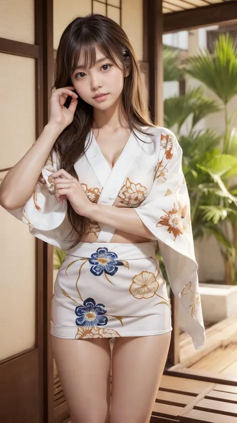 Top quality masterpiece,Very detailed,High resolution,(Realistic,photoRealistic:1.37),Excellent anatomy,Beautiful woman,1,Sexy Idol,(Focus on the thighs:1.5),(No pants:1.6),A small smile,(Sexy and cute:1.5),(Ultra-miniskirt white floral yukata:1.6),(So del...