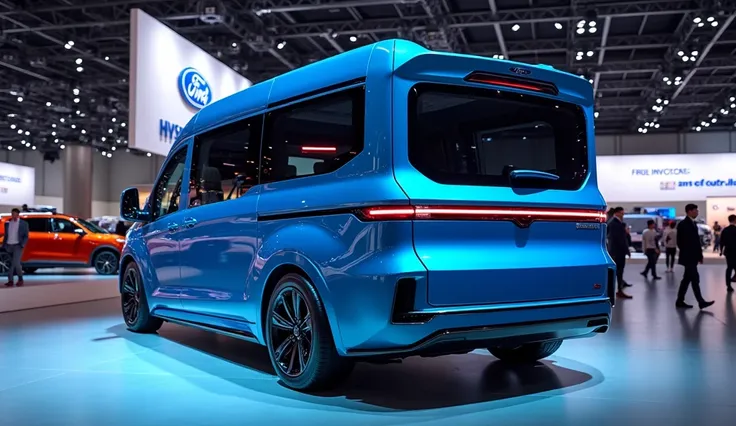 A Sleek And Full HD Realistic View 2025 Ford Focus Motor Home Parked In Auto Show Back Side View Shiny Blue Color Parked In Auto Show Back Side View