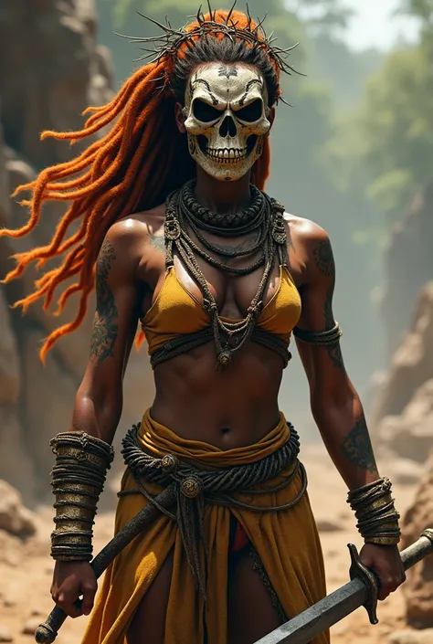 Muscular African female warrior, flame dreadlocks, skull face mask,  thorn around one hand, wielding a bone sword.