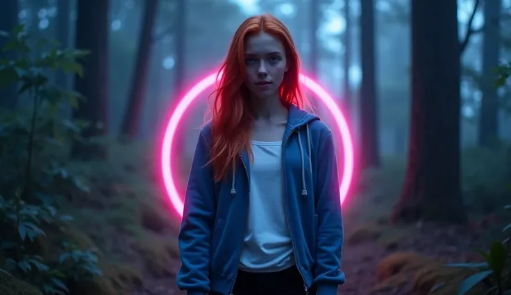 A young, red-haired Caucasian woman with blue eyes wearing a blue hoodie with white shirt inside and black pant background forest in night time in his pink circle glowing effect