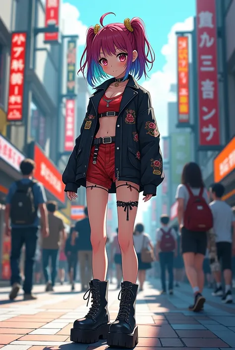  High Quality 、 high image quality、 minefield fashion 、 colorful hair 、 platform boots、bustling street、 petite girl、（（ Japanese anime style））、Prostitute、Prostitute、 lesbian、