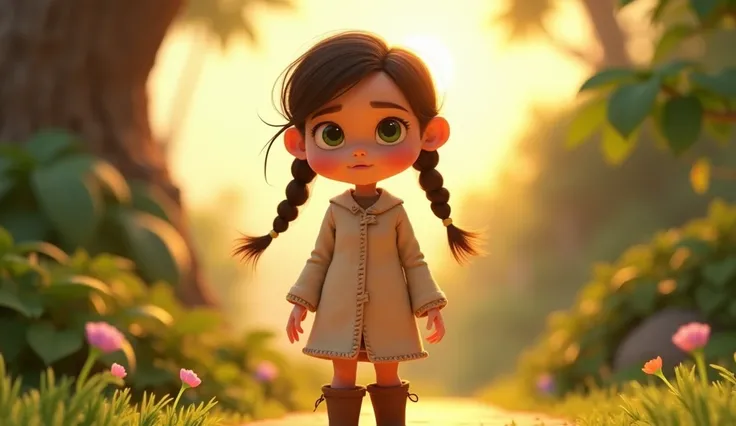 (Aila, a brave and kind-hearted girl, has soft brown hair tied in two braids, bright, curious green eyes, and wears a simple beige tunic with brown boots .  )3D animation render Disney pixar cinematic 