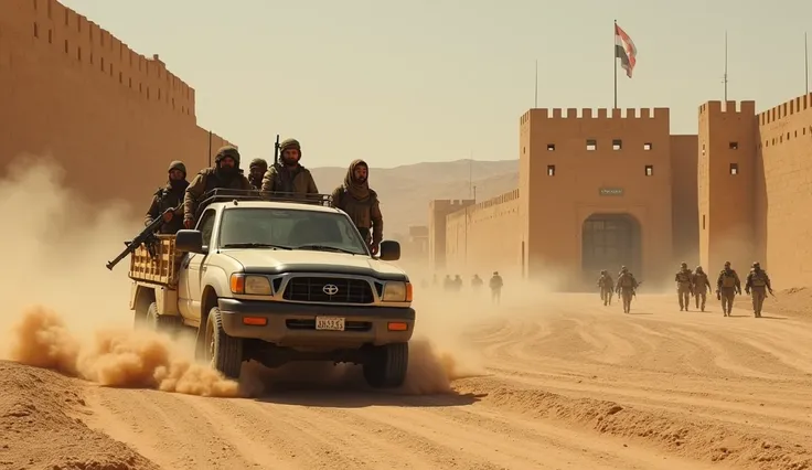 Mujahideen coming on pickup to the jail in desert