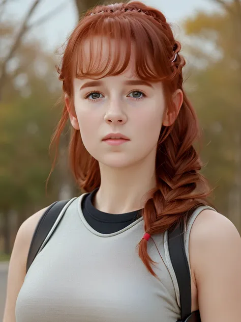 (best quality,4k,8k,highres,masterpiece:1.2),ultra-detailed,(realistic,photorealistic,photo-realistic:1.37), ((woman rollerblading, solo, shy, pale skin)), ((very large bust size for her young age)), braided red hair