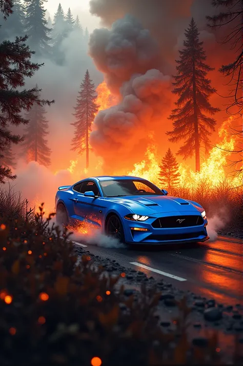 A blue car is driving through the middle of the forest and the forest is on fire.