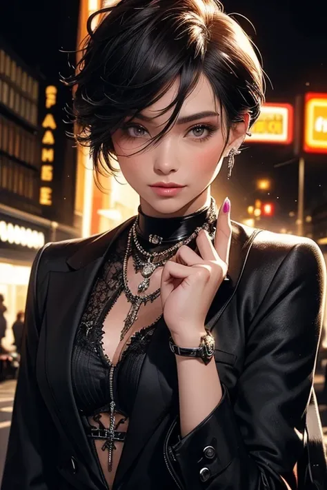 Woman in a black suit,  short hair,   casino dealers ,  very detailed, photo realistic , 8k, masterpiece, ( top quality:1.2), ( realistic :1.37),  elegant ,  professional,  dynamic pose ,  Studio Lighting , Dramatic lighting,  cinematic ,  beautiful detail...