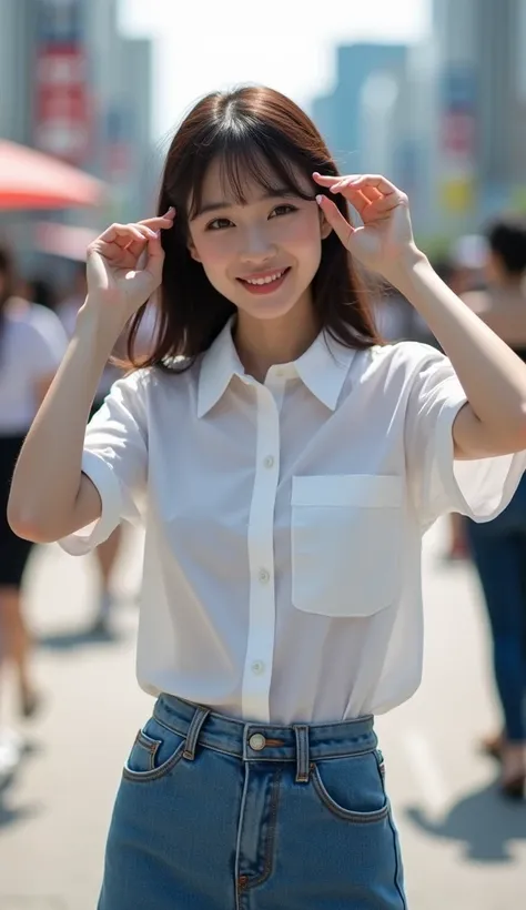 Beautiful  Japanese girl　(((Sleeveless, raise your hands upward to show your armpits :1.8)))smile(((A stylish shirt with a perfect fit that makes your bust look beautiful　  miniskirt:1.6)))　Realistic Women　Real women　photograph　 cute face　 Korean idol face...