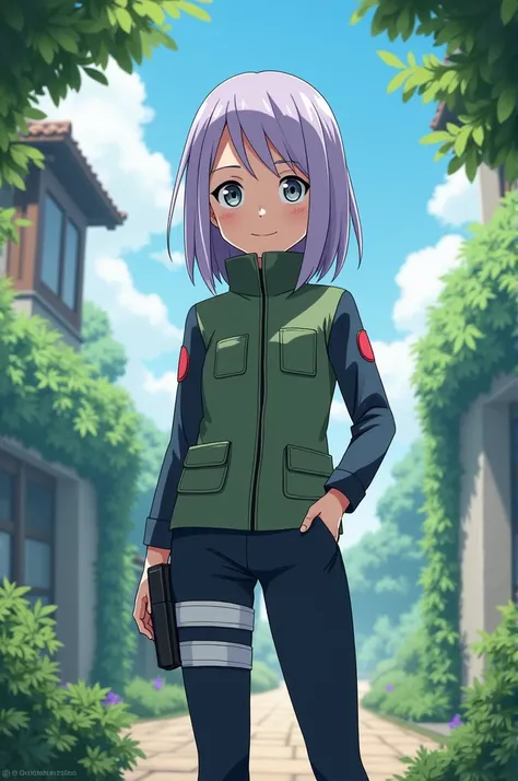 A Konoha , female,  ninja with light purple hair, long and gray eyes , a cheerful girl 