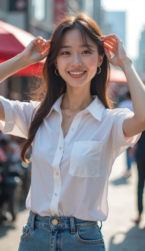 Beautiful  Japanese girl　(((Sleeveless, raise your hands upward to show your armpits :1.8)))smile(((A stylish shirt with a perfect fit that makes your bust look beautiful　  miniskirt:1.6)))　Realistic Women　Real women　photograph　 cute face　 Korean idol face...