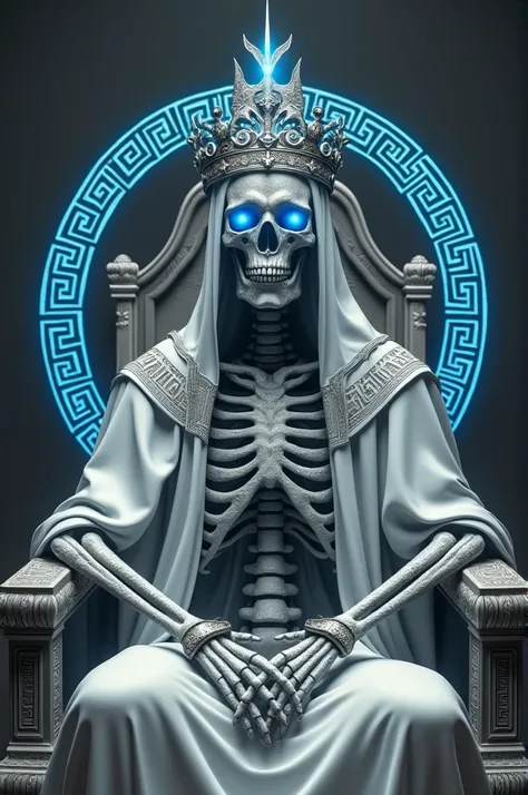 A regal, skeletal figure wearing a detailed, ornate crown, seated in a stylized, flowing robe of white and gray, with vibrant blue-glowing eyes; the figure is imbued with a sense of powerful, otherworldly presence, detailed with intricate, Greek-patterned ...