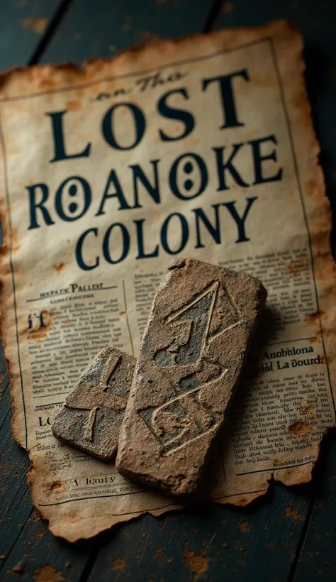 A newspaper headline reading "The Lost Colony: Clues Found?" with imagery of Croatan carvings.