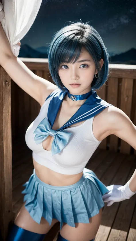 Product quality, ***1 person,((6.5 head and body)),   cowboy shots,((Thigh Emphasis)),((( Young and Beautiful Japanese Woman ))),(   Very Beautiful Starry Sky Background   ),with chest and knees,smile,((  Blue Sailor Warrior Uniform  )),   Sailor Mercury,b...