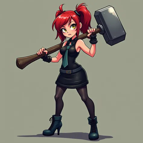 Punk Teen Girl, , big breasts, fit,  sexy, , irritated look , Holding a giant hammer, Red hair, Twinkle Tie ,  yellow eyes, Black bodysuit , Low Waist,  Black Short Skirt ,  black pantyhose,  Dark Blue High Heels