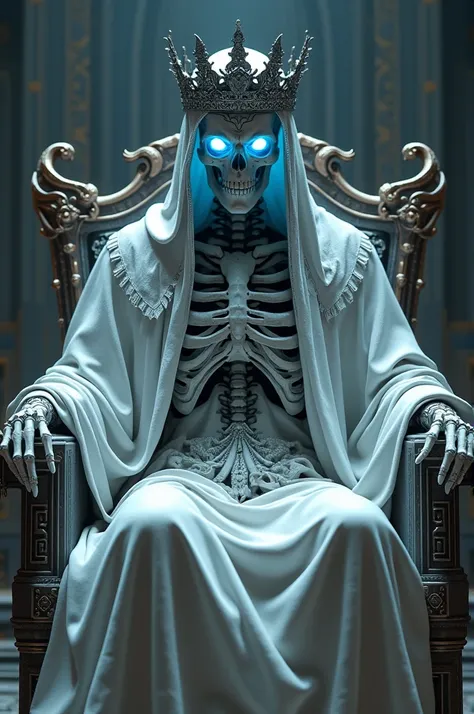 A regal, skeletal figure wearing a detailed, ornate crown, seated in a stylized, flowing robe of white and gray, with vibrant blue-glowing eyes; the figure is imbued with a sense of powerful, otherworldly presence, detailed with intricate, Greek-patterned ...