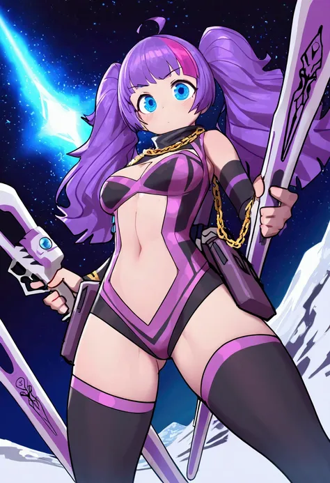 a cute woman (age 22, space pirate, sexy violet battle outfit, purple hair, decorative chains, skis, big gun) she is skiing down a dangerous trail blasting mutant monsters with her weapon,high action