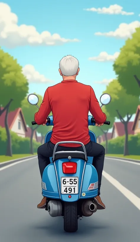 The image is a digital illustration showing a rear view of a person riding a blue scooter on a suburban street. The rider wore a red long-sleeved shirt and black pants, with short white hair visible from behind. The scooter has two round rear view mirrors ...