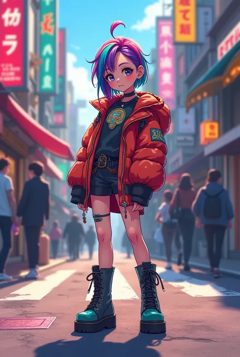  High Quality 、 high image quality、 minefield fashion 、 colorful hair 、 platform boots、bustling street、 petite girl、（（ Japanese anime style））、Prostitute、Prostitute、 lesbian