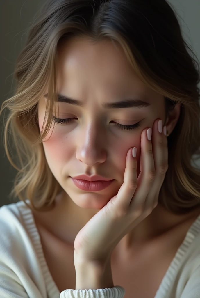 Beautiful woman putting her hand on her face with a sore face because she has dental pain