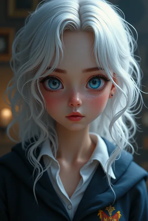 ((best quality)), (( masterpiece )), (detailed), perfect face,  A 17-year-old girl ,  Hogwarts uniform  ( white shirt with the first two buttons unbuttoned ,  short skirt and socks above the knees color black  , Shoulder-length wavy white hair , Left eye (...