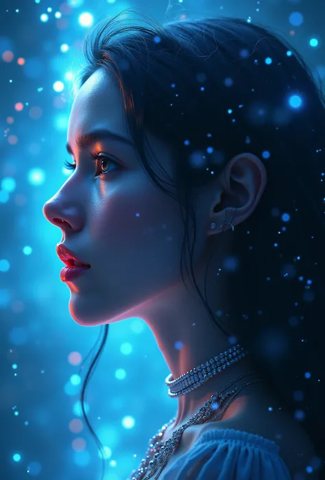 (best quality,4k,8k,highres,masterpiece:1.2),ultra-detailed,(realistic,photorealistic,photo-realistic:1.37), pixel art, womans portrait, extra long hair，beautiful detailed face, vibrant blue gradient, dissolve effect, intact structure gradually decomposing...