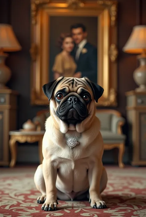 I want the image of a pug dog in the center where from behind you can see the interior of a luxurious house with quite a few things,  one of those things a portrait of a couple of the 60s where the woman in the photo has a diamond ring, It is important tha...