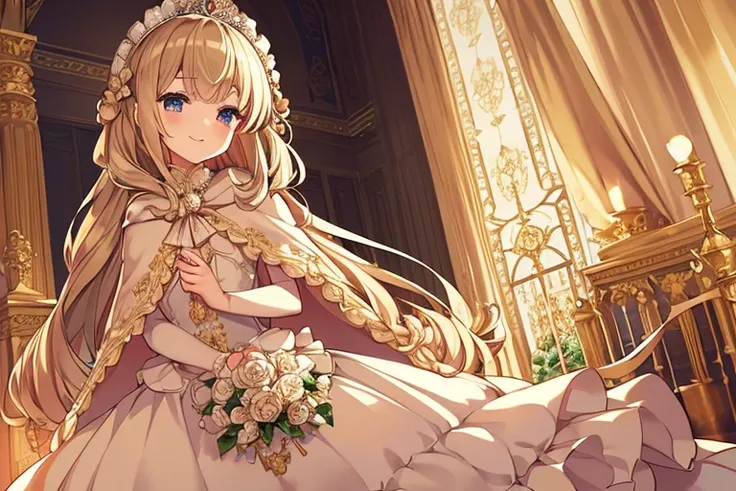 (solo), kawaii, masterpiece, best quality, rococo style gown, (long train beige cape:1.15), (long train white ball gown:1.1), (long train skirt:1.1), gown with flower decorations, a princess is wearing a long cape over her gown, 1 little princess, tiara, s...