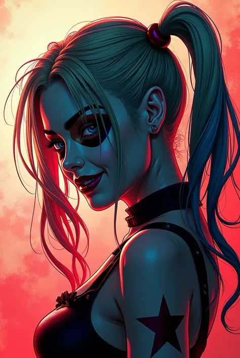 Generate a 2D illustration of the Harley Quinn movie with two colors and shades using the law of Gestalt background figure 