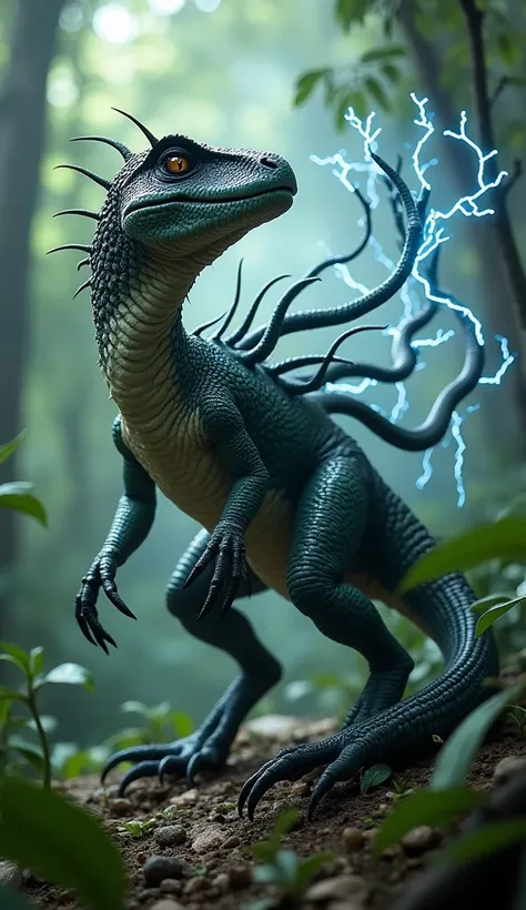 Thundervine Raptor
A hybrid of a velociraptor, an electric eel, and a vine plant. It hunts with shocking precision, using electrified vines to trap prey while blending into dense jungles.