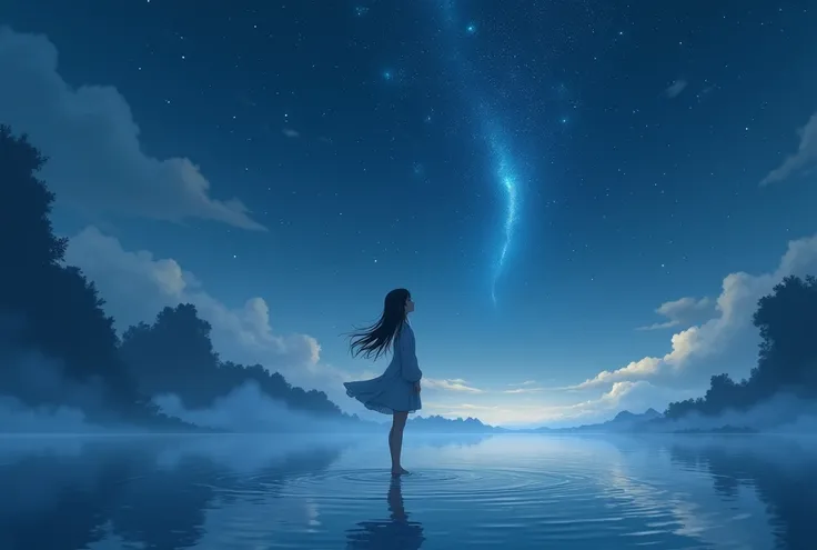  An anime girl standing in the water while watching shooting stars, Paintings inspired by Cyril Roland,  Sketch of  ,   Digital Art  ,  Animation Art Wallpaper 4K ,  anime art wallpaper 4k ,  anime art wallpaper 8K , 4k anime wallpaper,  anime wallpaper 4k...