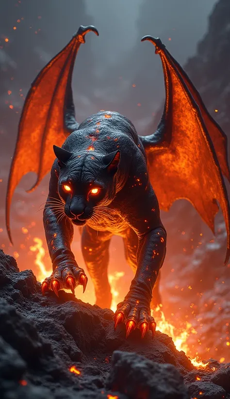 Volcanoshade Panther
A combination of a panther, a bat, and molten lava. It prowls volcanic craters, glowing with molten veins, and disappears into shadows before striking with superheated claws.