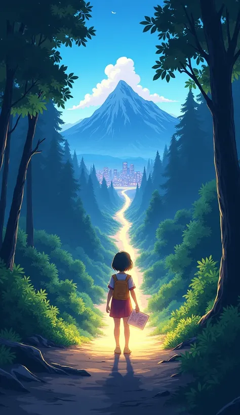 "An anime-style scene of a character standing in front of a vibrant, glowing path that leads through a lush, open forest toward a distant mountain peak. The path is illuminated with light, symbolizing the pursuit of meaningful solutions. In the characters ...