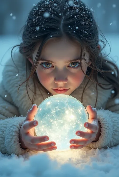 Close-up of a girl playing a crystal ball in the snow with the name of Anali 