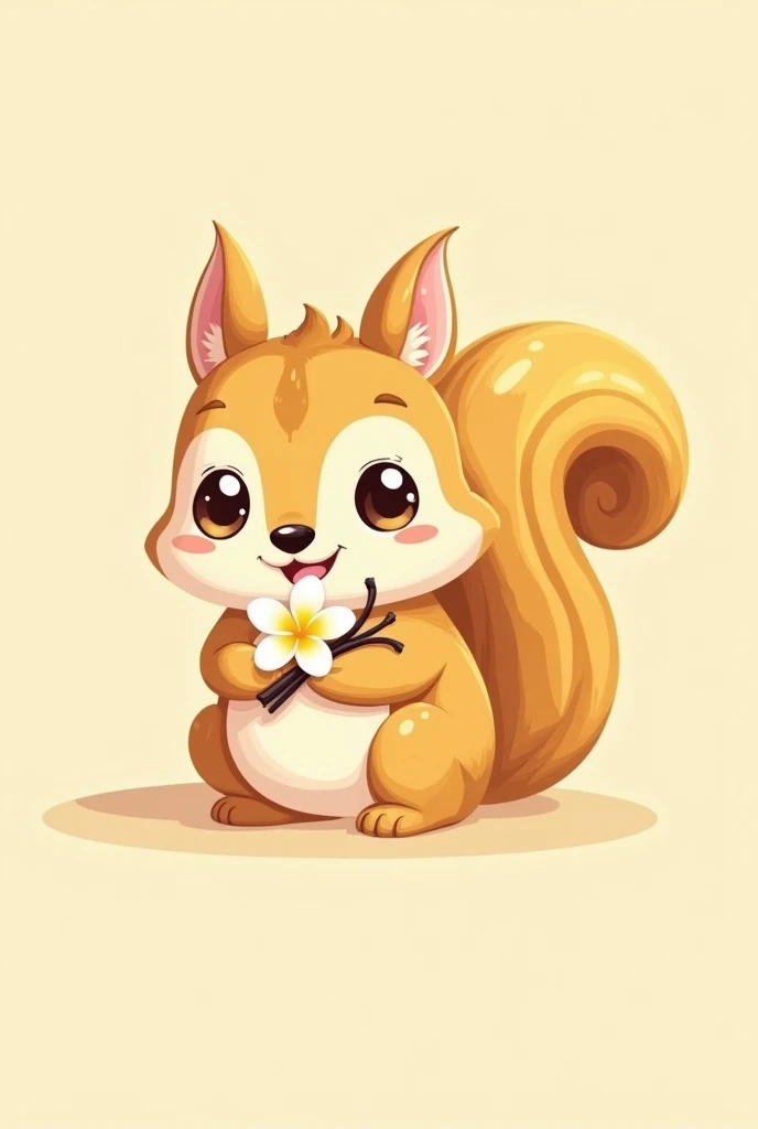 Create an adorable cartoon-style squirrel inspired by the vanilla flavor. The squirrels primary color palette should feature soft beige and golden yellow tones, accented with black for details. The design should emphasize a playful and charming demeanor. I...