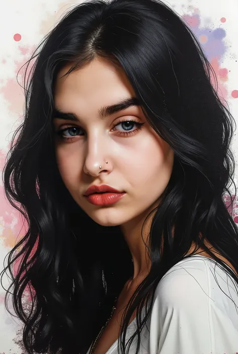  Portrait of a beautiful girl with dark long hair, there is a piercing ring in the nose ,  in the eyebrows, too, a piercing in the form of a spike ,  is painted with sweeping strokes of paint , with spots ,  turning into a white background with strokes of ...