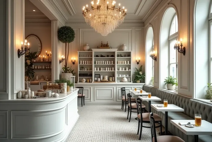 3.  Parisian Vintage Inspired Milk Tea Shop Interior Design.  High ceilings with ornate borders ,  large crystal chandelier in the center .  Table and chairs with curved design ,  dark wood or wrought iron . White tone ,  gray and gold dominant iridescent ...