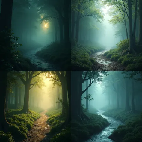 hyper-realistic,  divided into four blocks of a mysterious fairy forest ， on the left is a shady forest ， and on the left there is a bright trail ，A path with streams in the lower right ， and on the right is a path obscured by thick fog in front of you ,  ...