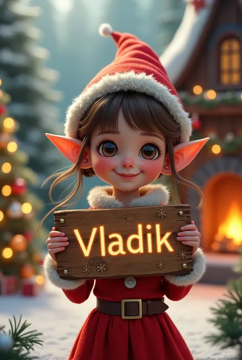 Christmas elf, girl, by the ruby, Red suit,Hold a wooden board that puts Vladik on the Christmas background