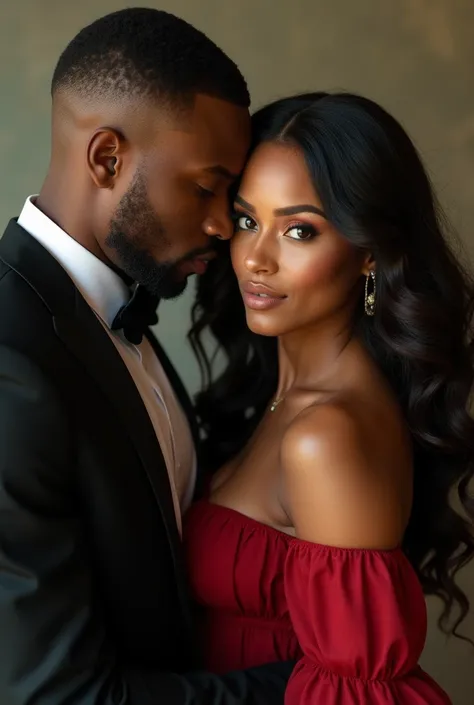 Stunning medium shot photograph of an African American couple 1 handsome black man with short fade haircut luxury black camsa, 1 beautiful Latin woman with dark skin chocolate color eyes looking at viewer emerald green color, seductive big body 95-60-100 b...