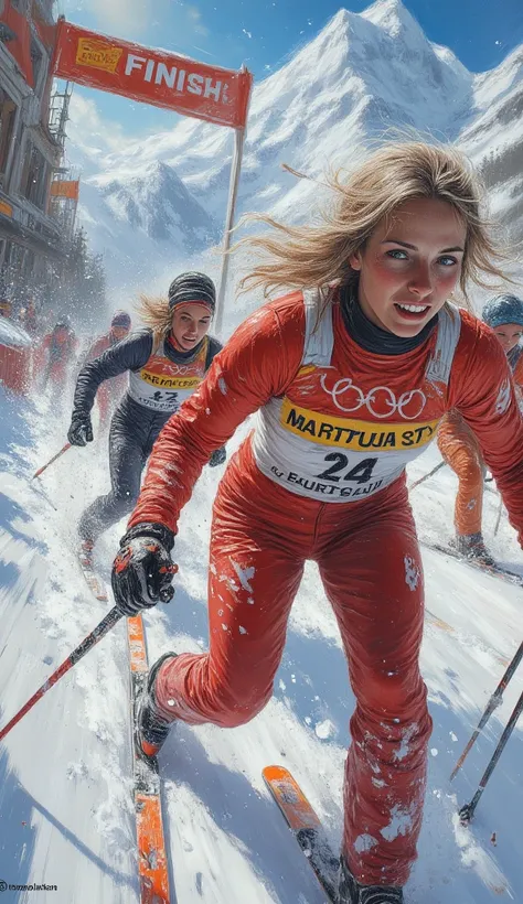 Women Ski sprint, group of women, crossing finish line, fight to the end, tiredness and joy of winning, front to viewer, low angle shot, oil painting, masterpiece, detailed, midjoirnejv6.1