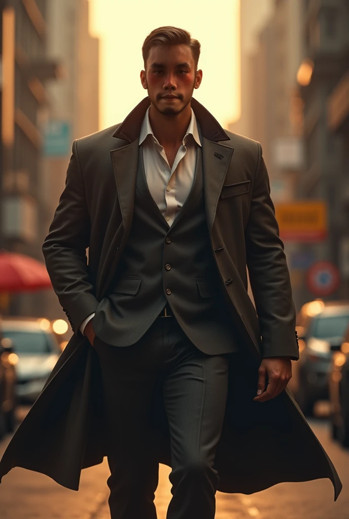 a handsome muscular young man, 1 man, well-built man, wearing a stylish suit and trenchcoat, walking down a street in Manila, Philippines, cinematic lighting, epic scale, dramatic angle, highly detailed, photorealistic, octane render, intricate details, ch...