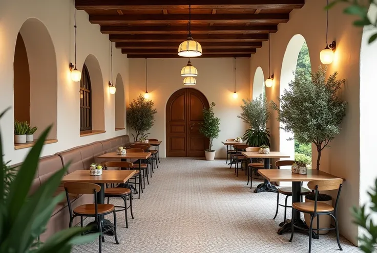 7.  Mediterranean style milk tea house interior design .  Walls covered with white plaster with curved arched lines . Mosaic tile floor ,  rustic table and chairs in oak or wrought iron .  Exposed ceiling with wooden beams ,  combined hanging lamps made of...