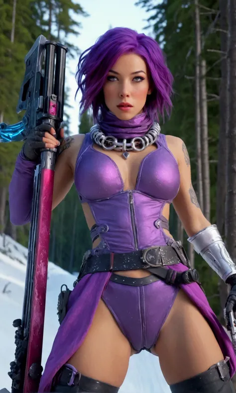 a cute woman, space pirate, sexy violet battle outfit, purple hair, decorative chains, skis, big gun, skiing down a dangerous trail, blasting mutant monsters with her weapon, high action, (best quality,4k,8k,highres,masterpiece:1.2),ultra-detailed,(realist...