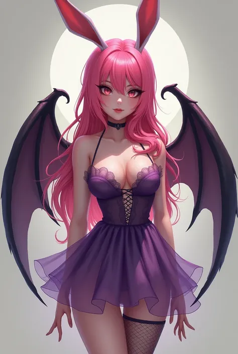  1 girl,  long hair,  pink hair, Big Breasts ,  rabbit ears ,  open her mouth , Character portrait, One legged fishnet stockings、purple dress skirt、Devil&#39;s Wings、