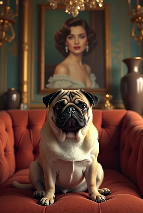 I want the image of a pug dog in the center of the interior of a luxurious house with quite a few things ,  one of those things a clear portrait of a woman in the 60s with a diamond ring