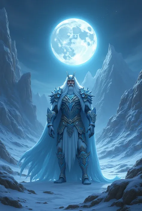 The king of cold stands in the middle of an ice valley against the backdrop of high mountains on a dark blue night, illuminated by a full moon

