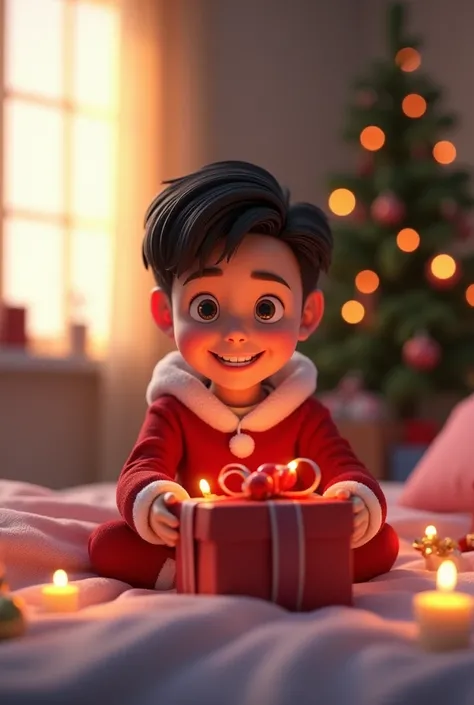  3d animation　Boy  　In pajamas　morning　If you wake up　 Santa Clauss present 、 right in front of the boy
Boy looking at presents and smiles 　 There is only a boy and a gift box on the bed 　左側の窓からmorning日がさしこんでいる　 There is only one gift box in front of the b...