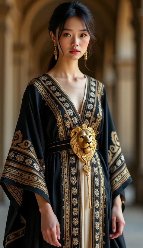  The bat hand loose kaftan model .  Demonstrated by a beautiful asian model , oval face .  Simple round collar with thin pleats to match the dress motif .  look full body .  The overall aesthetic conveys luxury , sophistication ,  and pomp ,  is perfect fo...