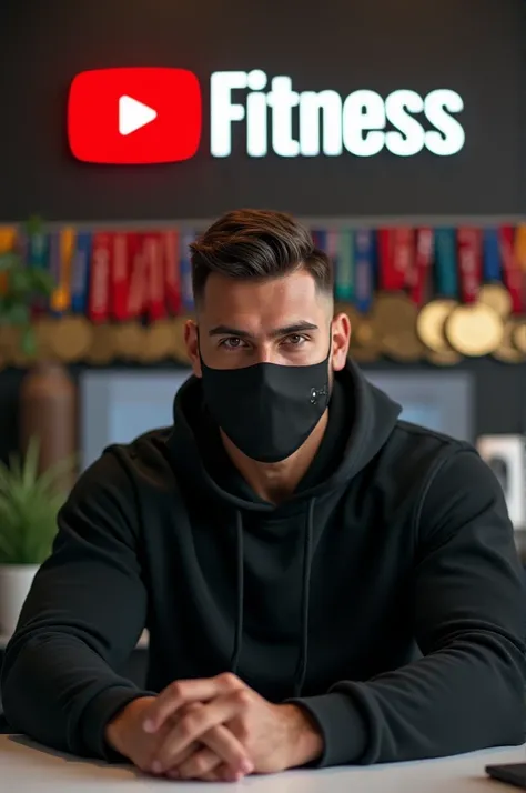 An aesthetic physique is sitting at a desk, with a laptop in front of him. He has a confident and focused expression, wearing a black hoodie.

The background is decorated with bodybuilding medals hanging on the wall showcasing his achievements and dedicati...